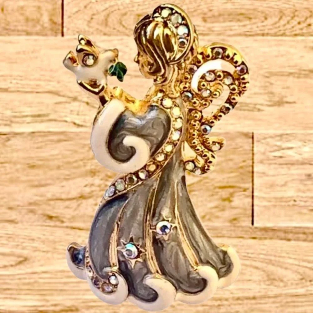 Christopher Radko Vintage Christmas Angel Brooch Blue Enamel Rhinestones Dove